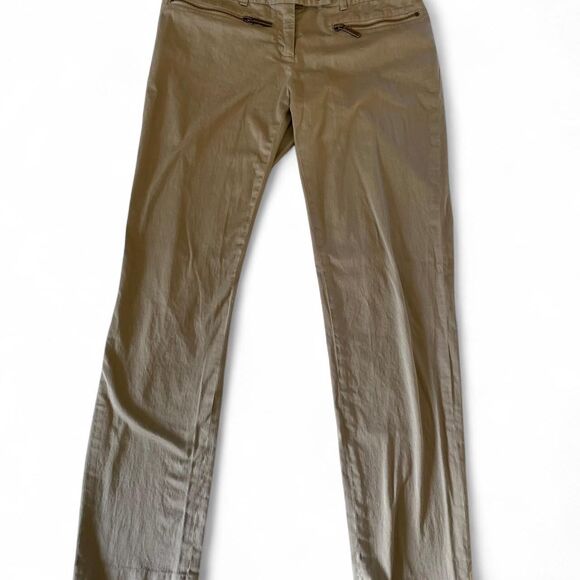 Tan khaki low-rise straight-leg Michael Kors trousers with a front zippers - Picture 1 of 3